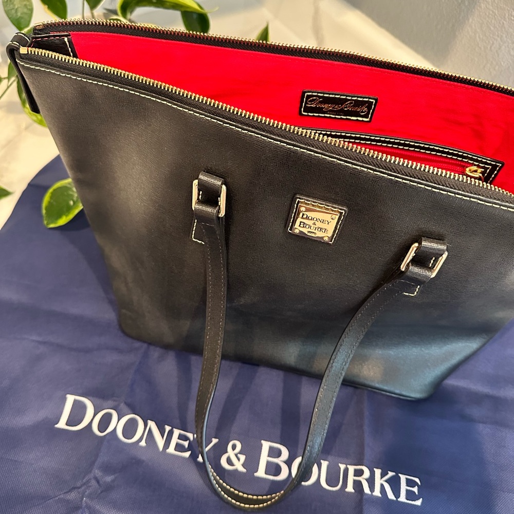 Dooney & Bourke Black Leather Tote Purse with Red Interior - Like New!